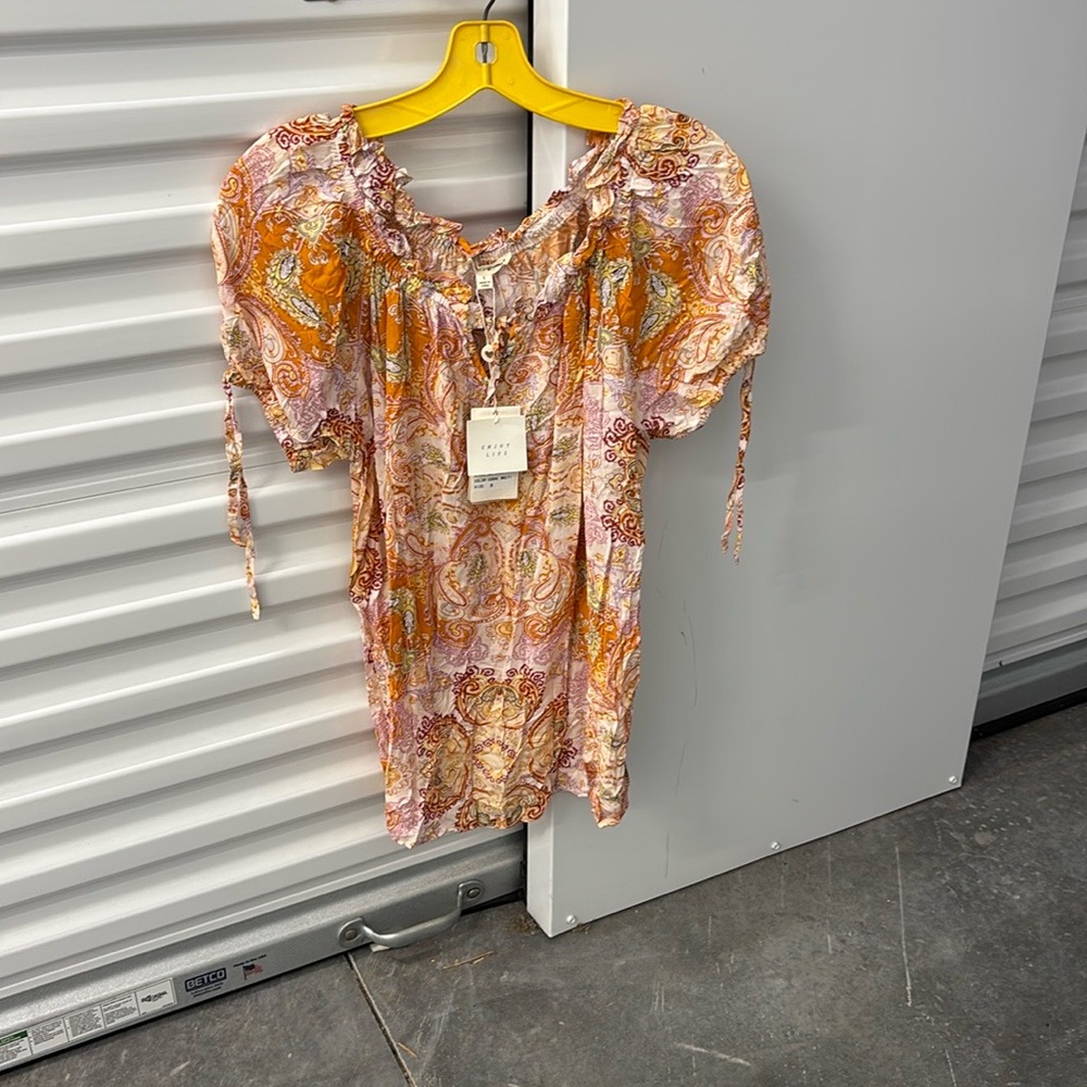NWT Grand & Greene Multicolor Paisley Blouse Orange Cream Elastic Tie Neckline S